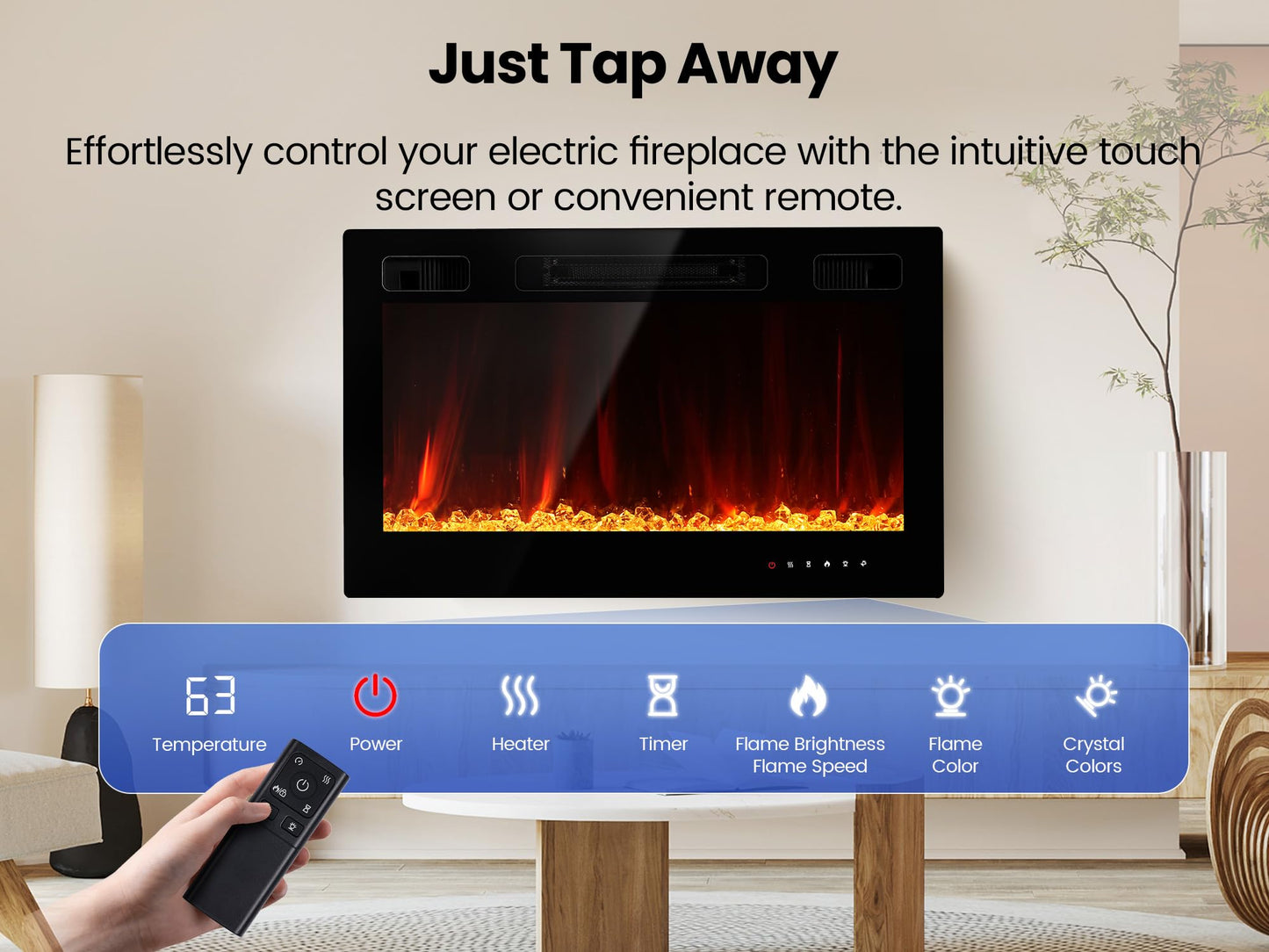 Electric Fireplace Insert 36" Realsmart 1500W Wall Mounted Fireplaces Recessed Heaters Remote Control Slim Black Fireplace Touch Screen Timer 12 Flame Colors LED Decor Low Noise