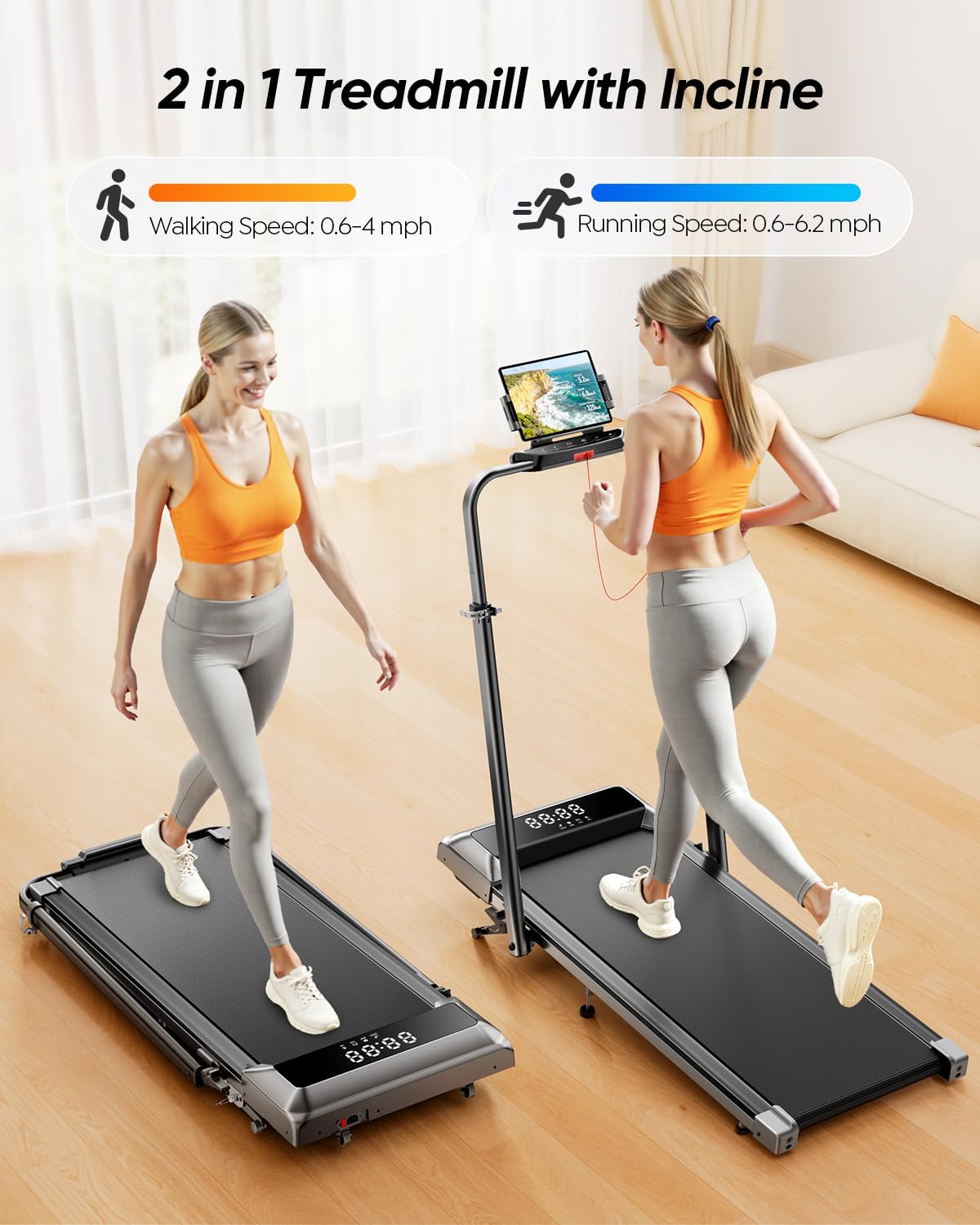 Acezoe Walking Pad with 12% Incline & Height-Adjustable Handlebar, 5-in-1 Foldable Treadmill for Home & Office, Portable Under Desk Treadmill with LED Display & App Control