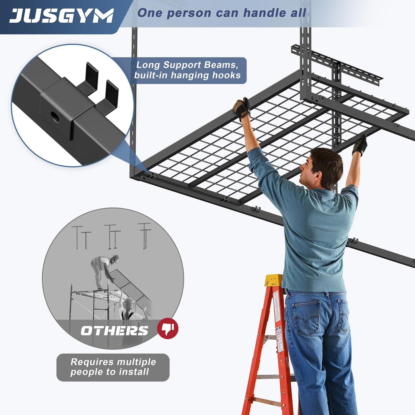 Jusgym 4X8FT Overhead Garage Storage Rack and 2 Pack Heavy Duty Garage Wall Shelving Set (1x4ft)