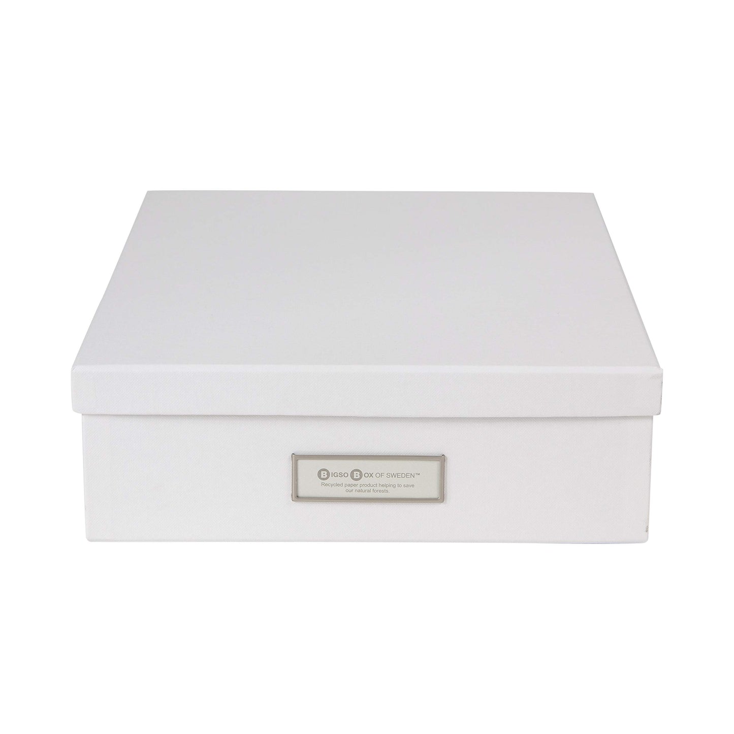Bigso Oskar Fiberboard Label Frame Document Letter Box - File Organizer Box for Important Paperwork - Durable Document Storage with a Lid & Metal Label Window - 3.3 in x 10.2 in x 13.8 in - White