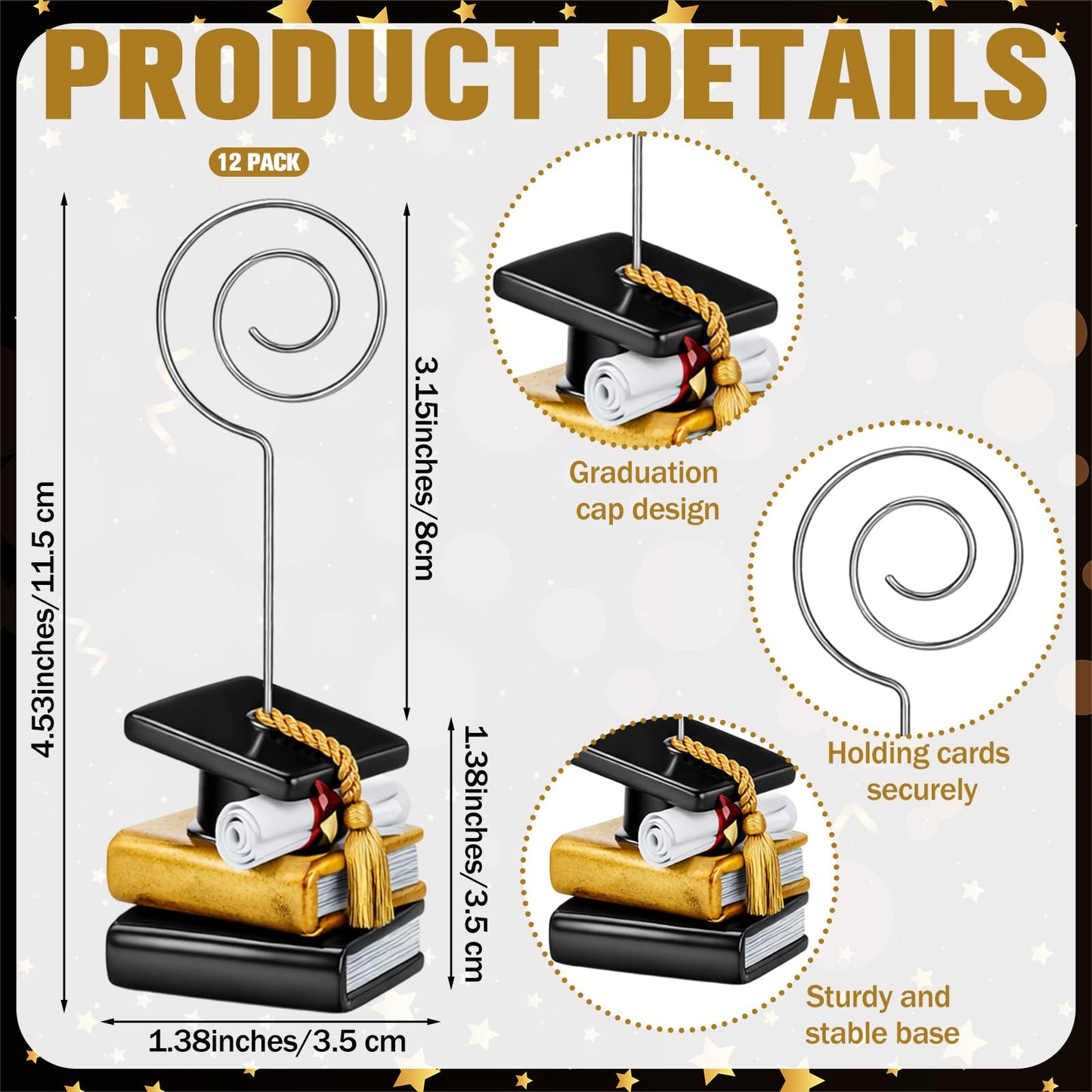 Glenmal 12 Pcs Grad Cap Picture Holders 4.53 Inches Resin Metal Graduation Picture Holders for Tables Centerpieces Grad Cap Photo Table Number Card Stands for Class of 2026 Graduation Party Supplies