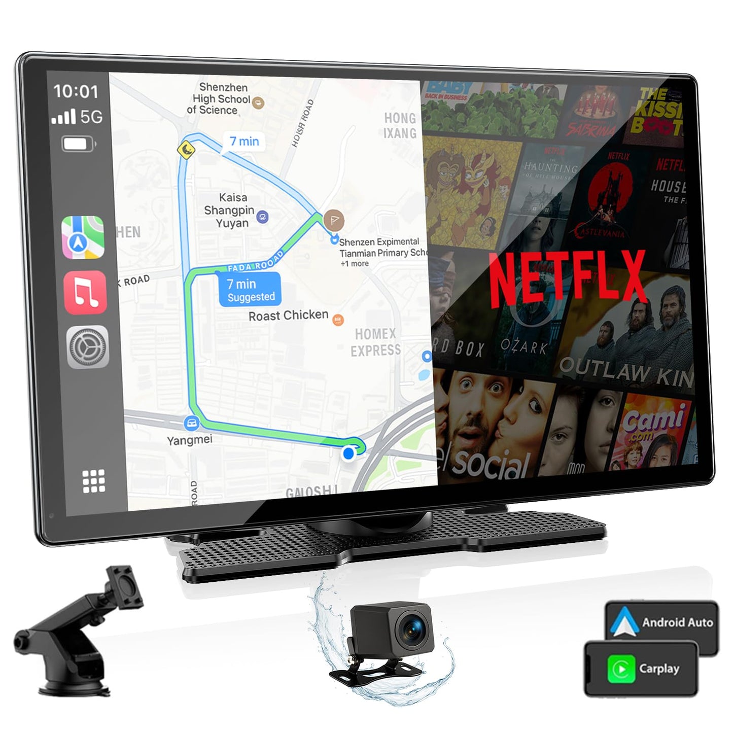 Volam 9'' Carplay Screen with Net-Flix YouTube and AHD Backup Camera Upgraded Wireless Android Auto Screen Portable AI Magic Video Box Built-in Apps Voice Control Car GPS for iOS 10+ Android 11+