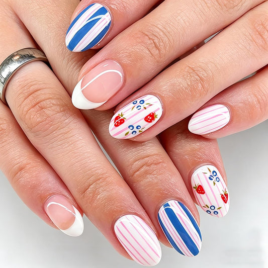 Cute Press on Nails Short Oval Fake Nails French Tip False Nails Press ons with Fruit Design Spring Summer Glue on Nails Artificial Acrylic Stick on Nails for Women Girls Manicure Kit 24Pcs