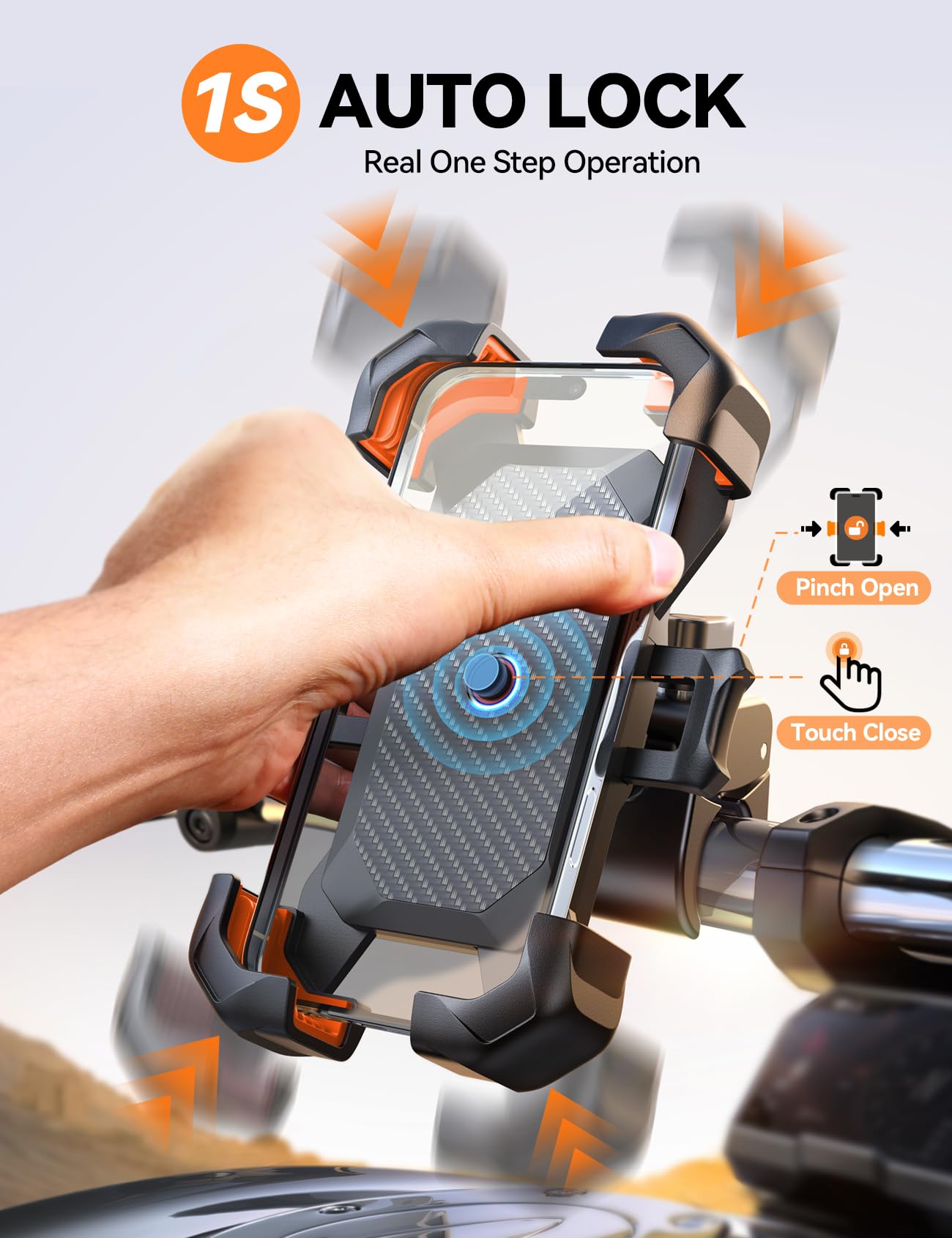 JOYROOM Motorcycle Phone Mount, [1s Auto Lock][100mph Military Anti-Shake] Bike Phone Holder for Bicycle, [10s Quick Install] Handlebar Phone Mount, Compatible with iPhone, Samsung, All Phone, Orange