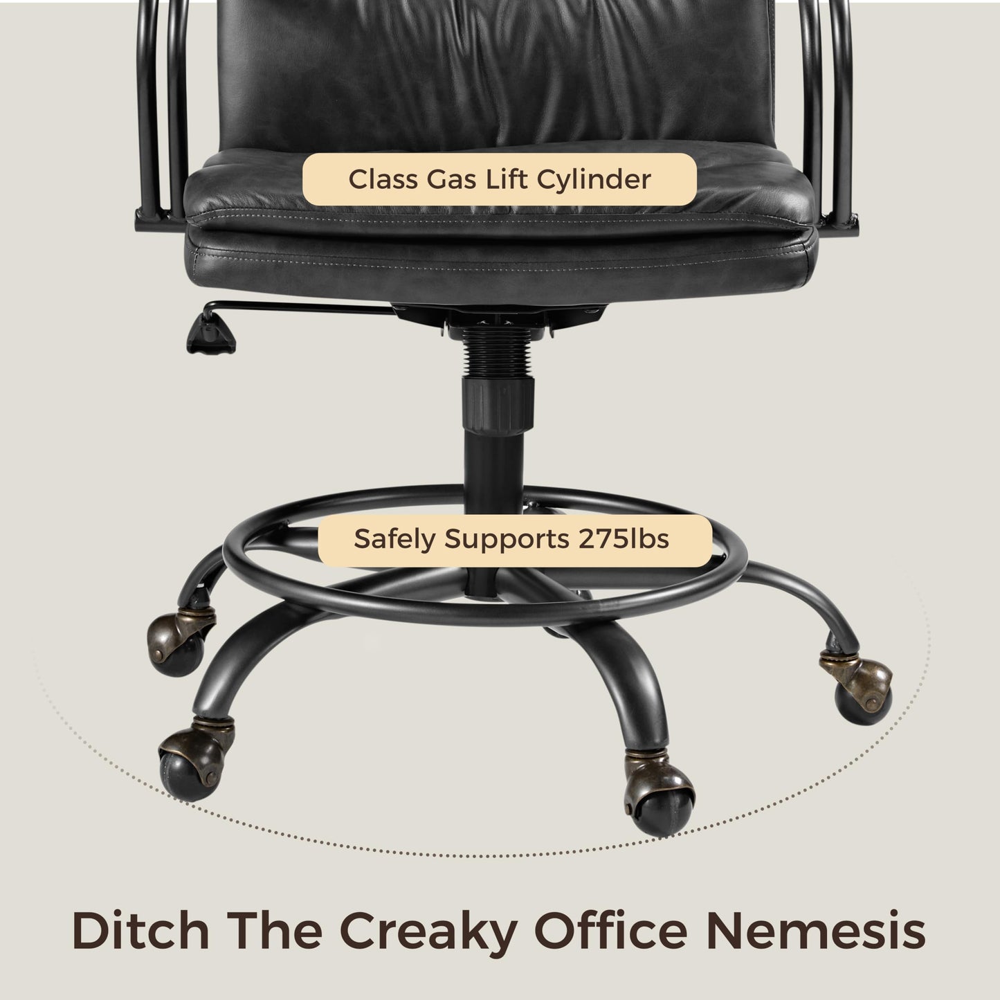 EUREKA ERGONOMIC Mid-Century Vintage Office Chair, Faux Leather Executive Desk Chair with Unique Ball Casters and Fixed Footrest Ring, Brown Retro Swivel Chair for Home Office and Study, Gray