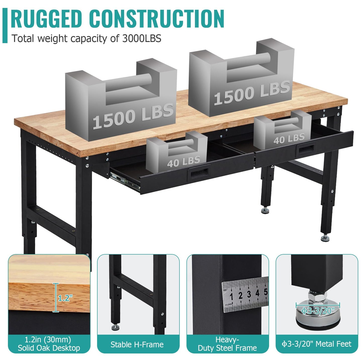 60 Inches Workbench, Rubber Wood Tabletop Work Table with 2 Drawers & Pegboard, 3000 LBS Heavy Duty Adjustable Height Work Bench with Power Outlets for Workshop, Office, Garage