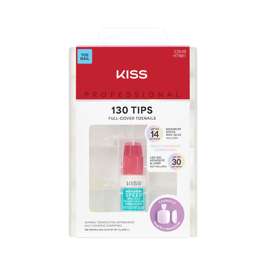 Kiss PROFESSIONAL, Press On Nails, Nail glue included, 'Tippy Toes', White, Short Size, Squoval Shape, Includes 130 Toenails, 3g Glue