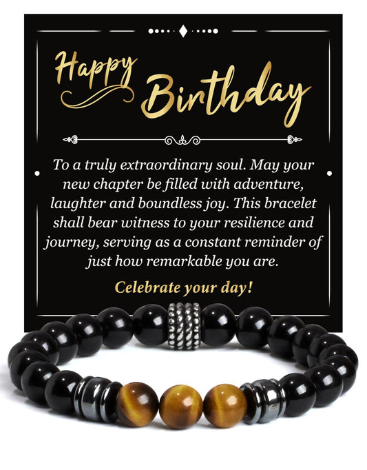 Landorilo Gifts for Men, 8mm Natural Stone Beaded Bracelets, Black Tourmaline & Tiger's Eye Healing Bracelet, Handmade Mens Jewelry Gift for Him, Husband, Son, Father, Friend(Happy Birthday-7.5in)