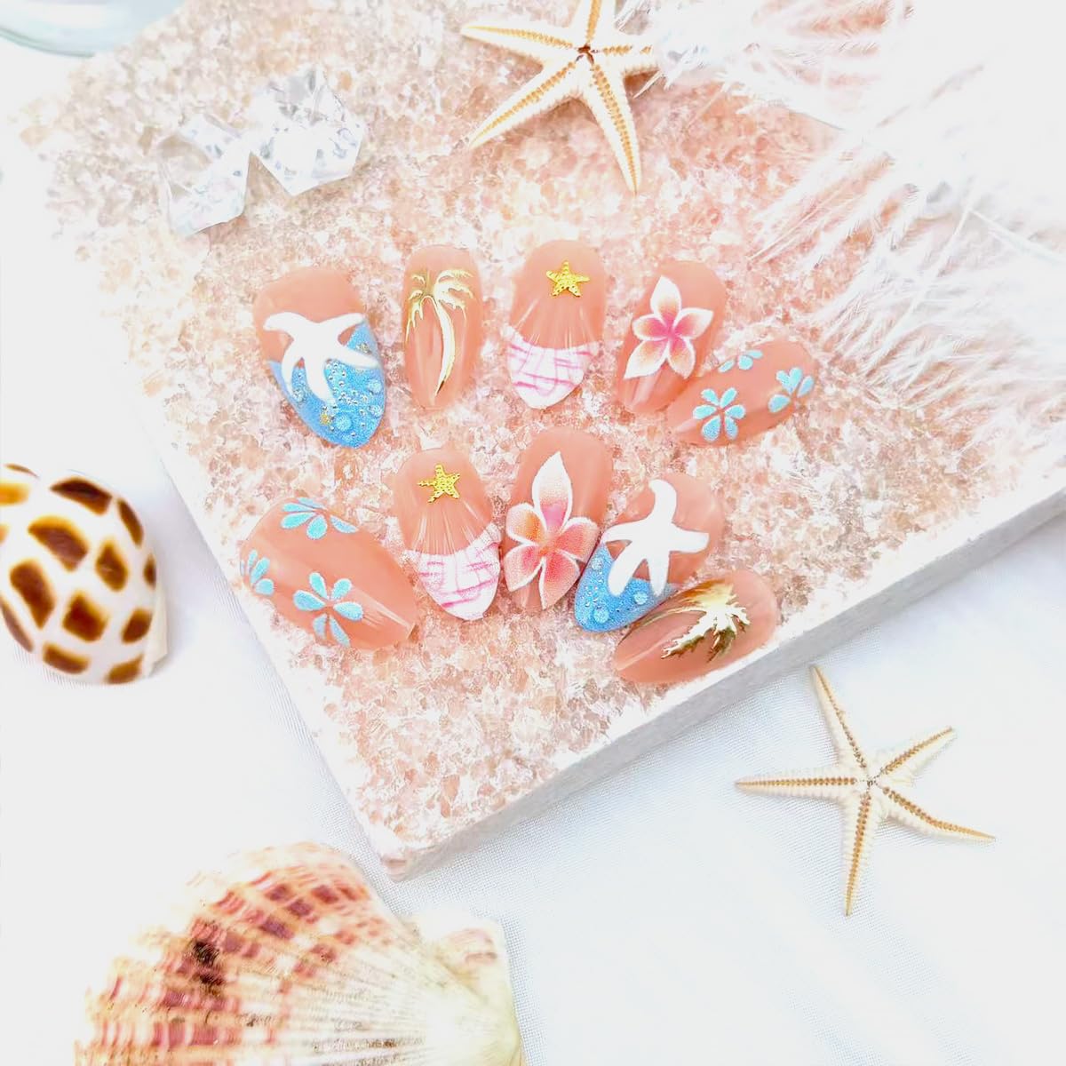 30Pcs Summer Press on Nails Medium Almond Fake Nails with Gilding Coconut Tree Design Blue Glitter French Tip False Nails Starfish Artificial Stick on Nails Full Cover Glue on Nail for Women Manicure