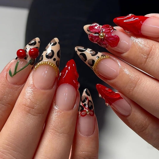 Medium Almond Press on Nails for Women,Cherry & Leopard,Fake Nails with Red Flower,Gold Chain Artificial Stick on Nail