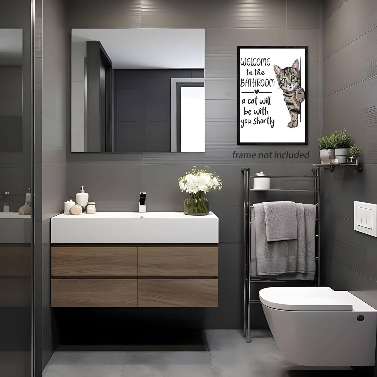 HNNXAR Funny Cat Bathroom Wall Art,Welcome To The Bathroom A Cat Will Be With You Shortly Paintings Posters,Black and White Funny Animal Canvas Pictures Prints Wall Decor 16x24in Unframed