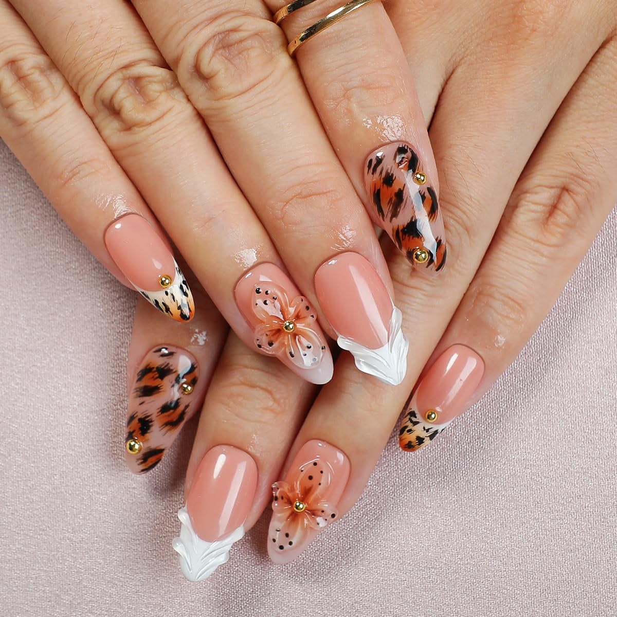 Homsera Handmade Press On Nails Almond - Short Tortoiseshell Water Ripple Design Fake Nails with French Tips, Salon Quality | 3 Sizes - 10 Acrylic Nail Kit, Fall/Winter Gift for Women