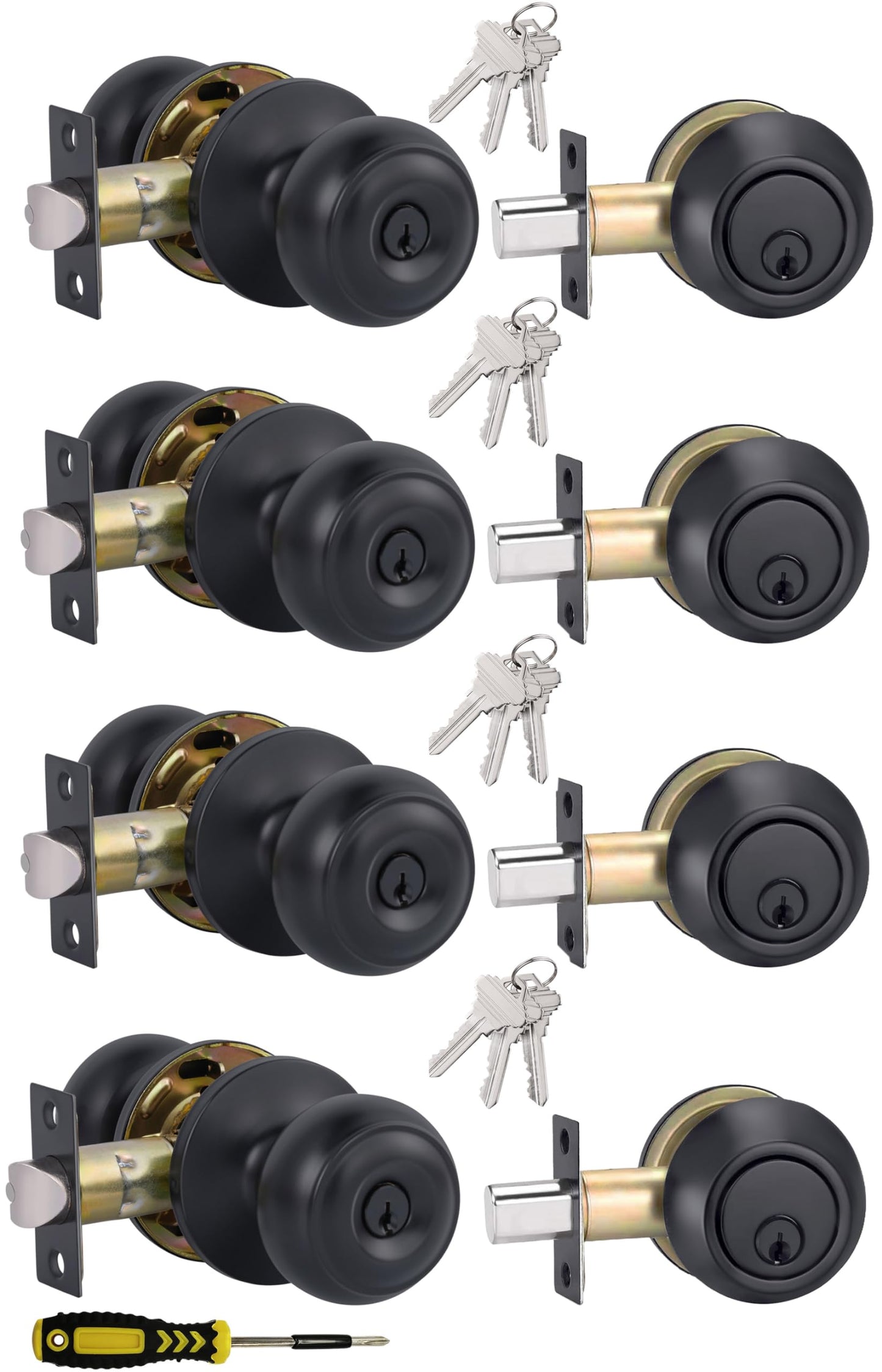 Lanwandeng （4 Sets） All Keyed Alike Entry Door Knobs and Single Cylinder Deadbolt Lock Combo Set, Security for Entrance and Front Door with Flat Ball Classic Matte Black Finish