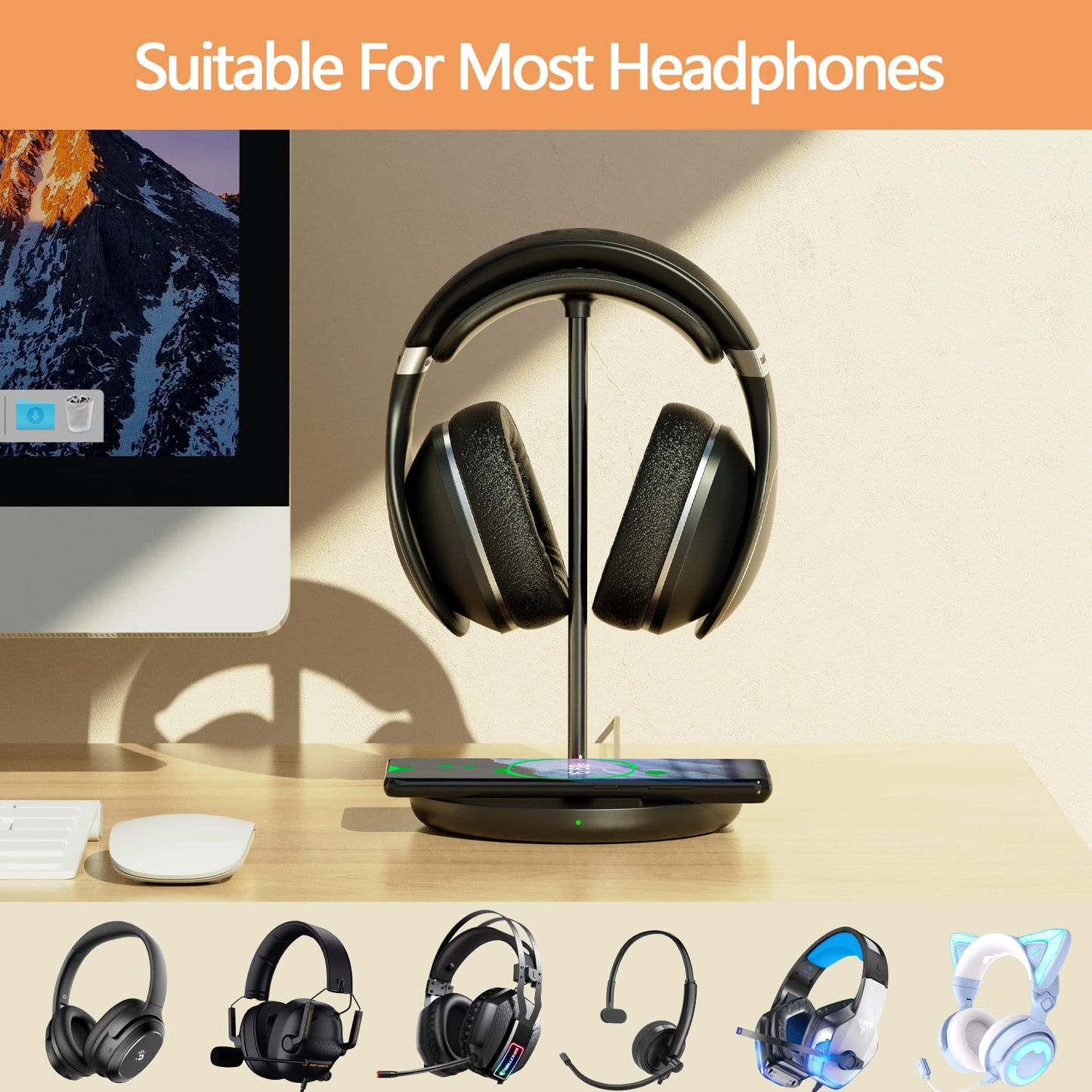 Headphone Stand with Wireless Charger, Gaming Headset Holder Hanger Rack 2 IN 1 Wireless Charging Station Dock for iPhone 15/14/13/12/11 Series, Samsung, AirPods Pro/3/2 and Desk All Headphones, Black