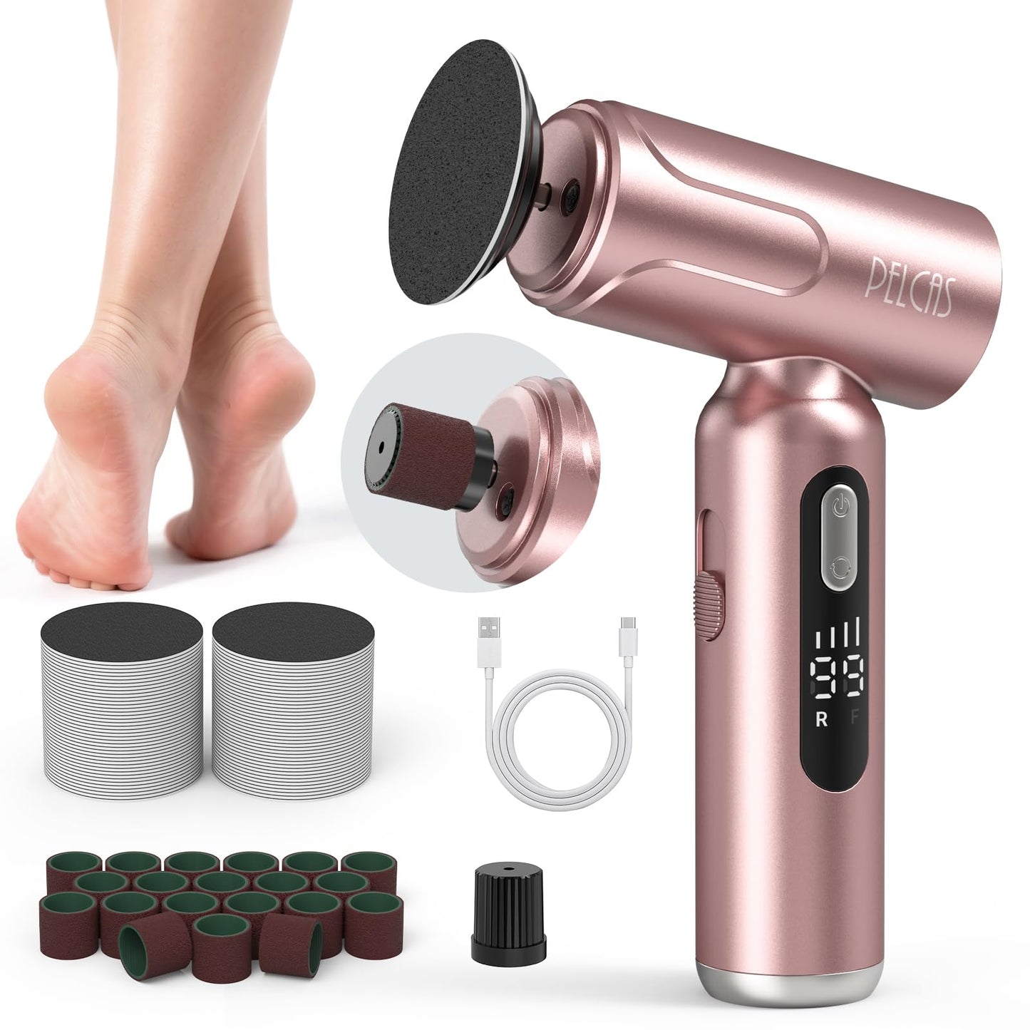 PELCAS Electric Foot Callus Remover with LED Screen, 2 in 1 Manicure & Pedicure Kit, 100 PCS Sandpapers Electric Foot File for Women & Men, Cordless Feet Filer for Foot Callus, Thick Nails Pink