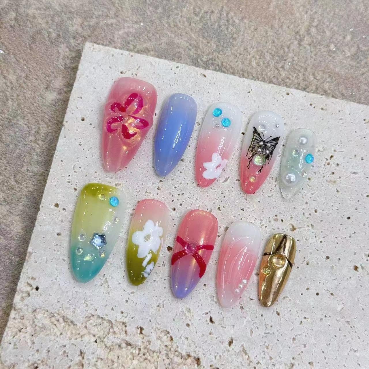 TENPAL Pink Green Purple Nails,Handmade Press on Nails Almond,Glossy Soft Gel Fake Nails Wth Flower Butterfly Designs,Summer False Nails Press Ons,Colorful Acrylic Almond Nails,Medium Size