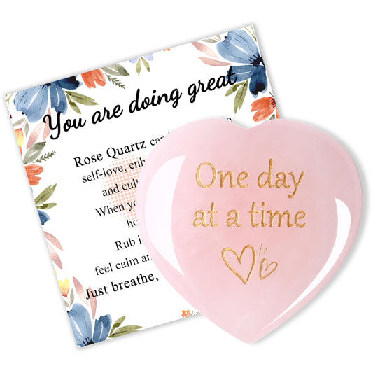 QINJIEJIE Rose Quartz Crystals Thinking of You Gifts for Women You Got This One Day At A Time Heart Worry Stones Sobriety Encouragement Mom Gift Heart Decor Pink Gifts for Women