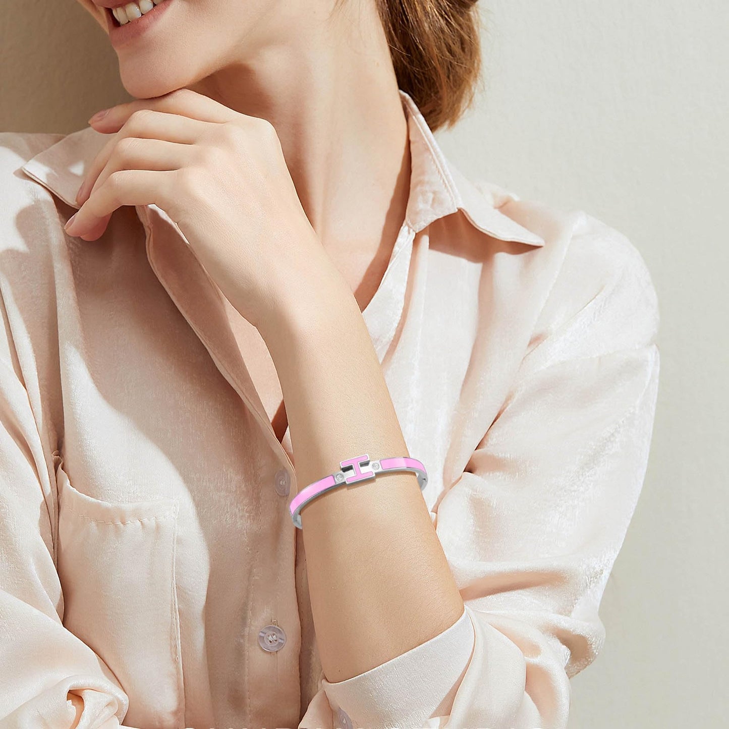 Hothink Gold Bracelets for Women, H Bangle Bracelet, Dainty 18K Gold Plated Stainless Steel Enamel Bracelet for Everyday, Work, Party, Stackable Gift for Mom, Wife, Girlfriend (Silver-Pink)
