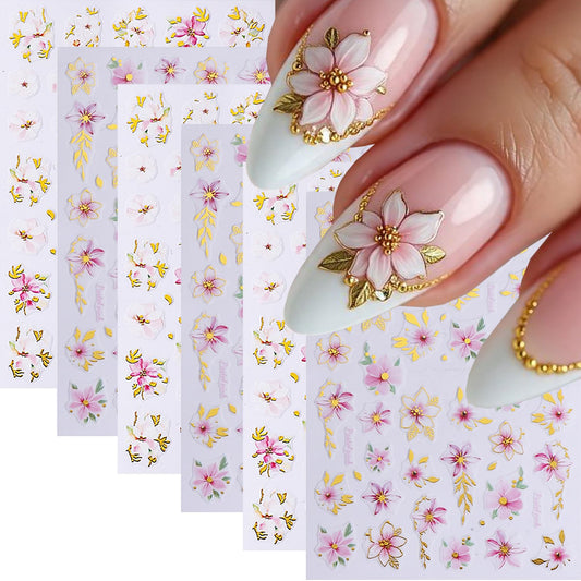 Cherry Blossoms Nail Art Sticker Decal 6Pcs 3D Elegant Self-Adhesive Nail Stickers Gold Leaves Nail Decal Pink Floral Nail Supply Spring Summer Flower Nails Design for Women Manicure DIY Decoration
