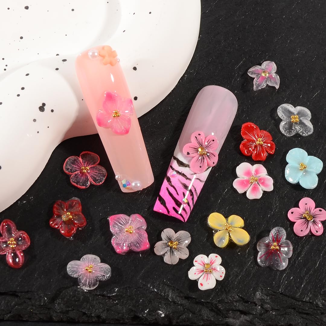 QIMYAR 30PCS/Box Spring Summer Handmade Flower Nail Art Charms Set, 15 Designs Hand Sculpted Acrylic Flowers 3D Cherry Blossom Apricot Nail Art Floral Salon Decoration for Women Girls