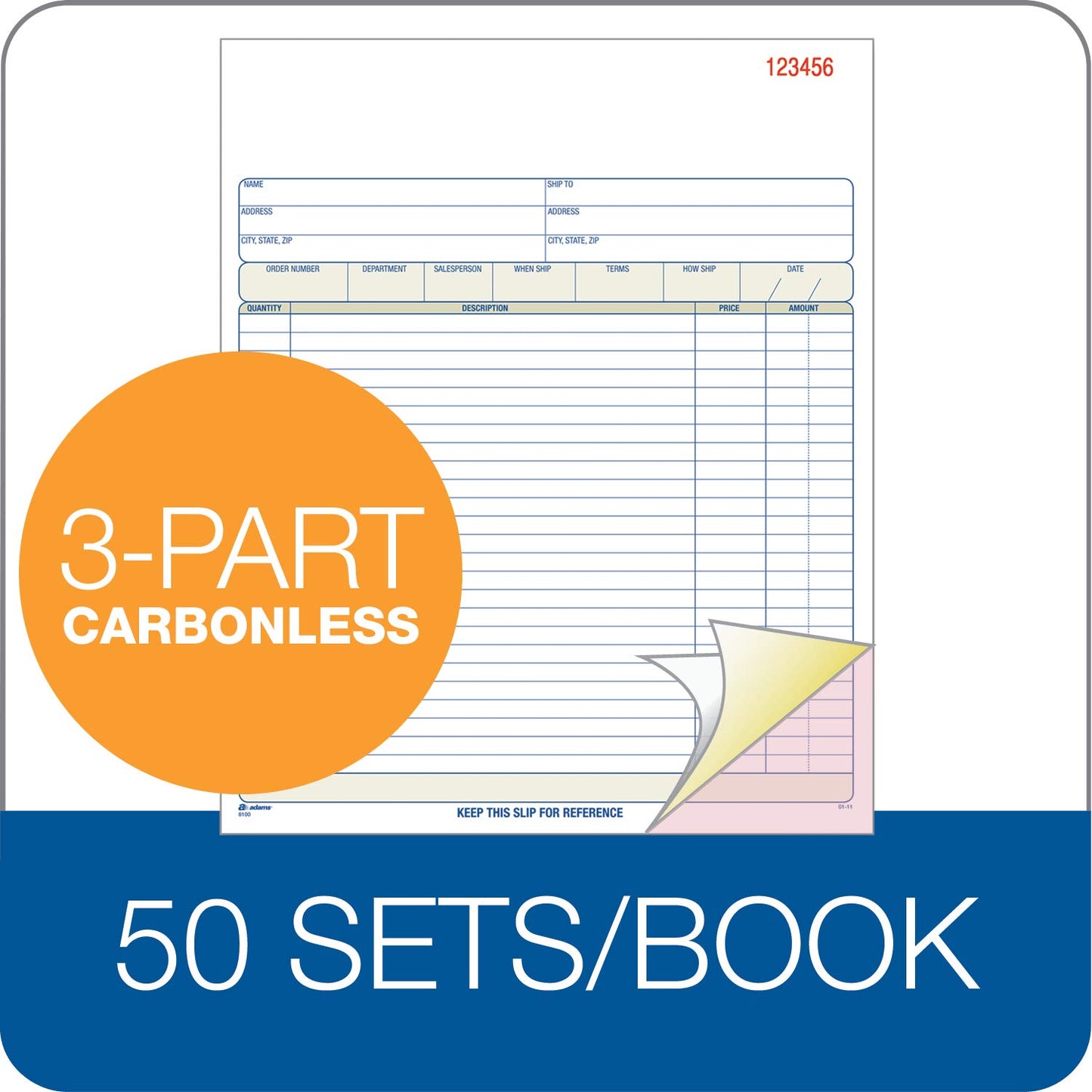 Adams Order Book, Carbonless, White/Canary/Pink, 3-Part, 8-3/8 x 10-11/16 Inches, 50 Sets (TC8100)