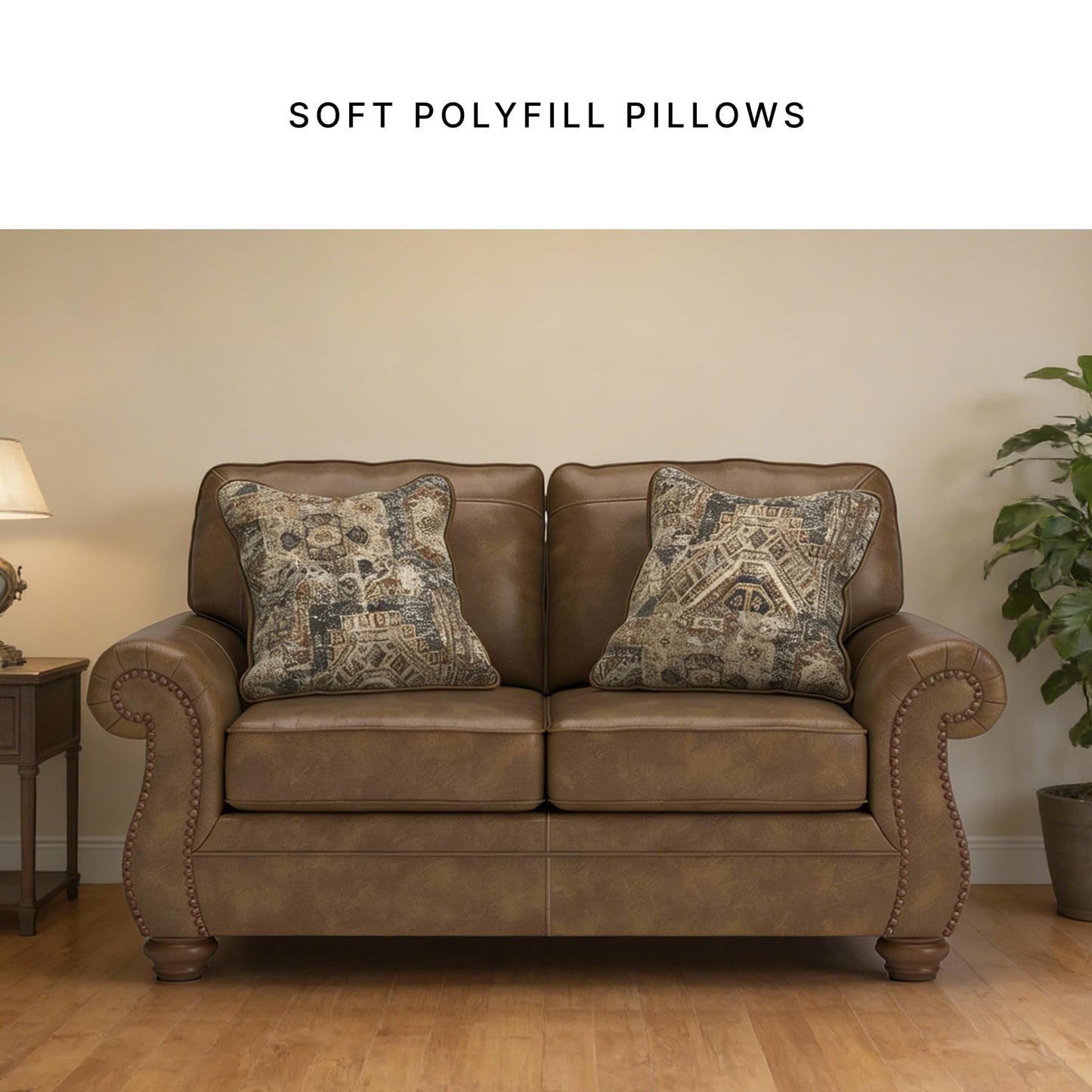 Signature Design by Ashley Shadsburne Rustic Faux Leather Loveseat with Nailhead Trim and 2 Throw Pillows, Brown