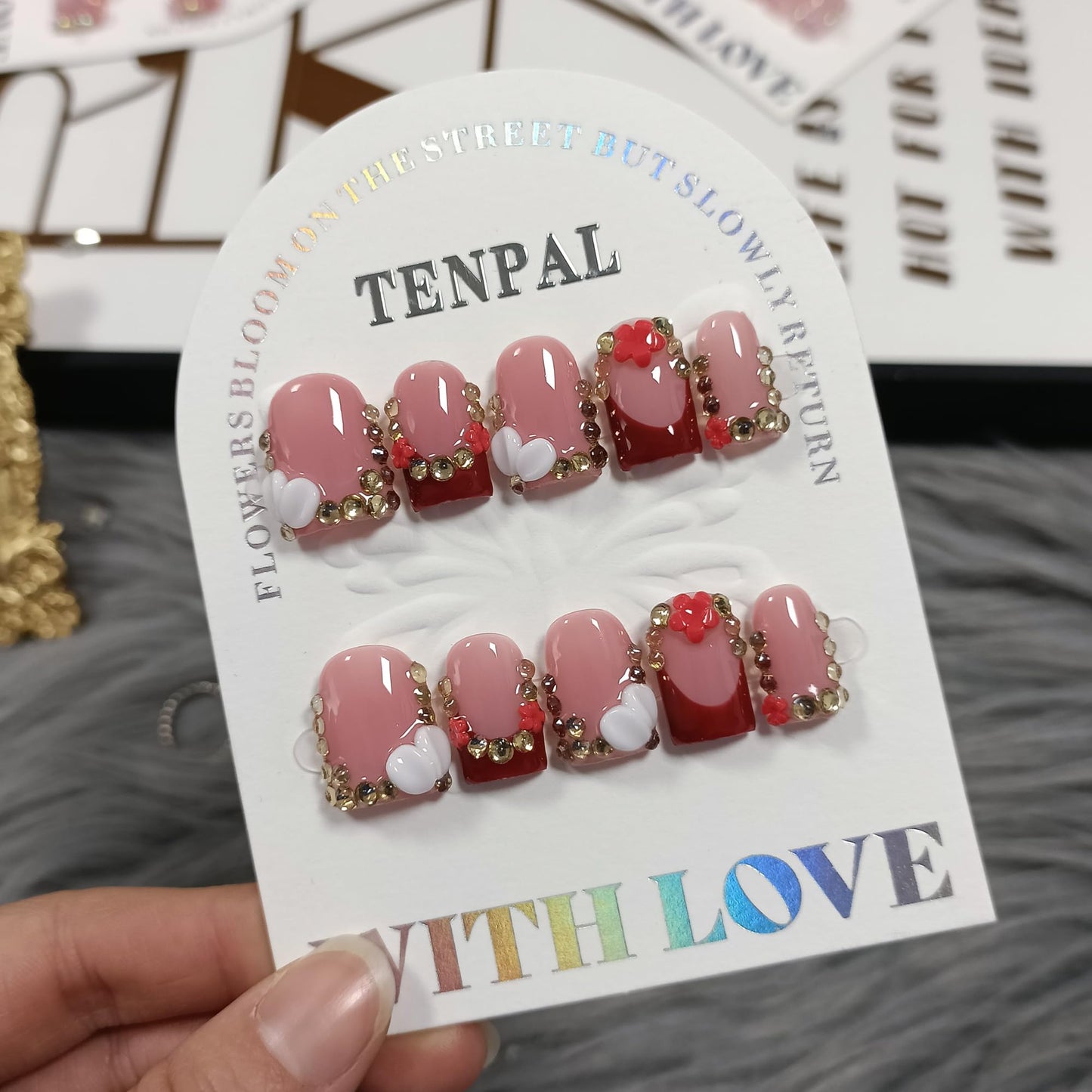 TENPAL Short Squoval Press on Nails - Red French Tip with Rhinestone Edge & Floral | Nude Pink Glossy Fake Nails | Clean Girl Manicure Set(S)