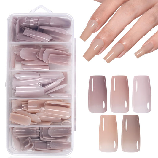 AILLSA Press on Nails Medium Square 140 PCS Fake Nails 4 in 1 Medium Glossy Nude Nails Press Ons, Long Lasting Pre-Shaped Gel Nails Natural False Nail for Nail Art DIY Women