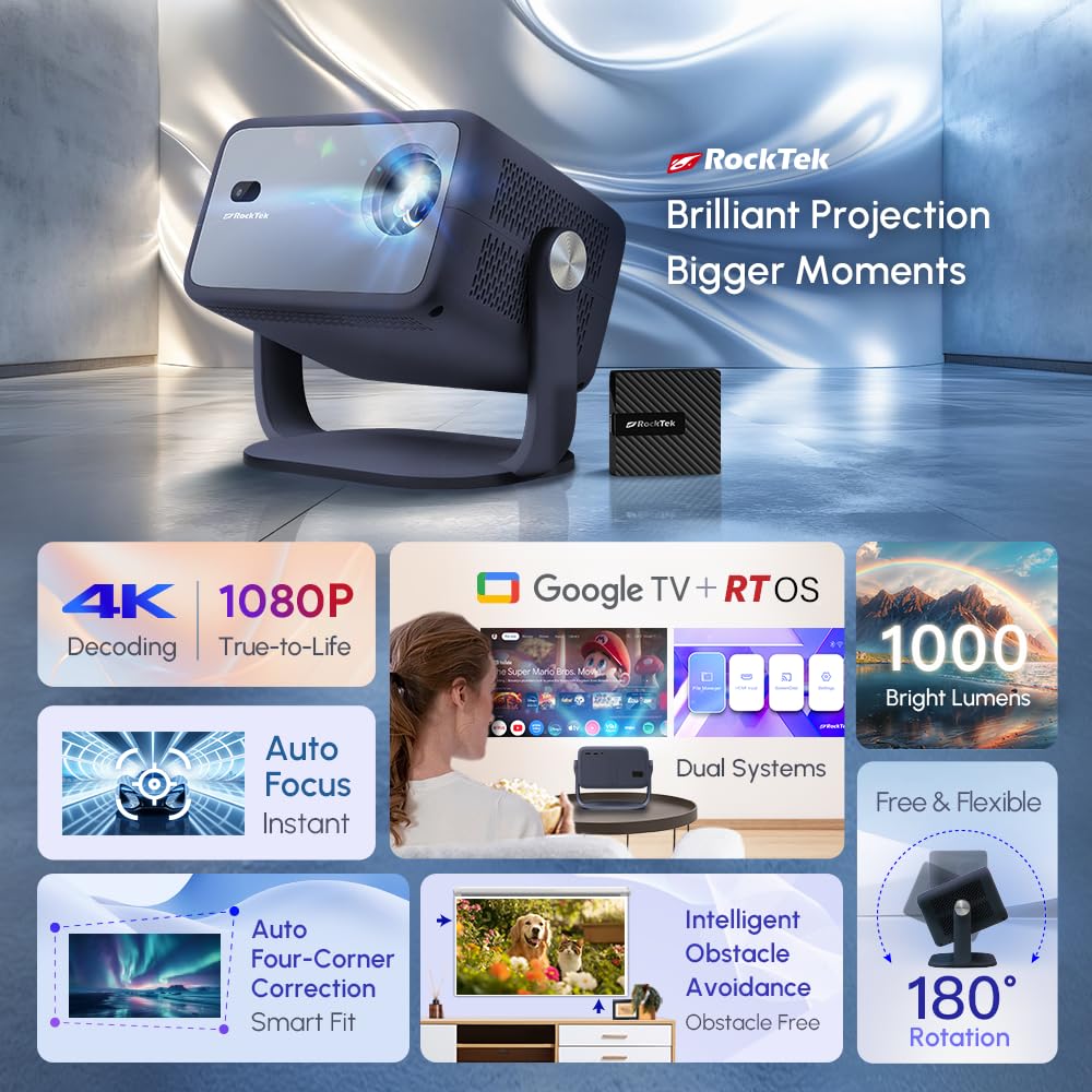 RockTek PJ400 Official Licensed Google TV Dongle Box Smart Projector 4K Supported, Native 1080P, Netflix Disney+, Mini Portable Home Theater Projector with WiFi 6 Bluetooth, Auto Focus/Keystone, HDMI