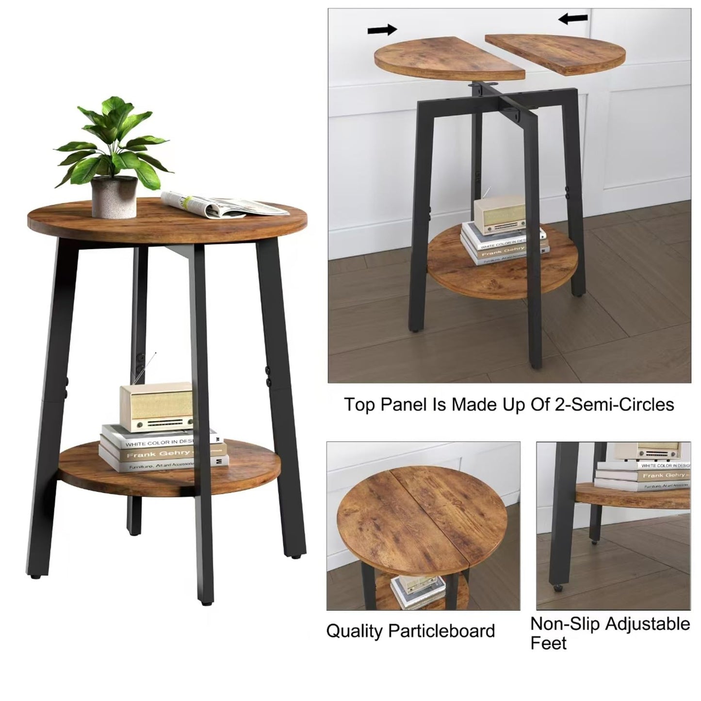 sthmec Side Table, Small Round End Table with Storage Shelf for Small Space, 2-Tier Bedside Table Sofa Couch Table, Round Accent Table Nighstands for Living Room, Bedroom, Rustic Brown
