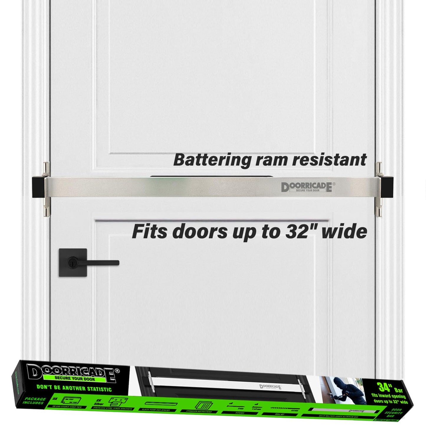 Door Security Bar-by Doorricade-Secure The Entire Width of Your Inward Opening Front Door or Safe Room. fits Doors up to 32" Wide.