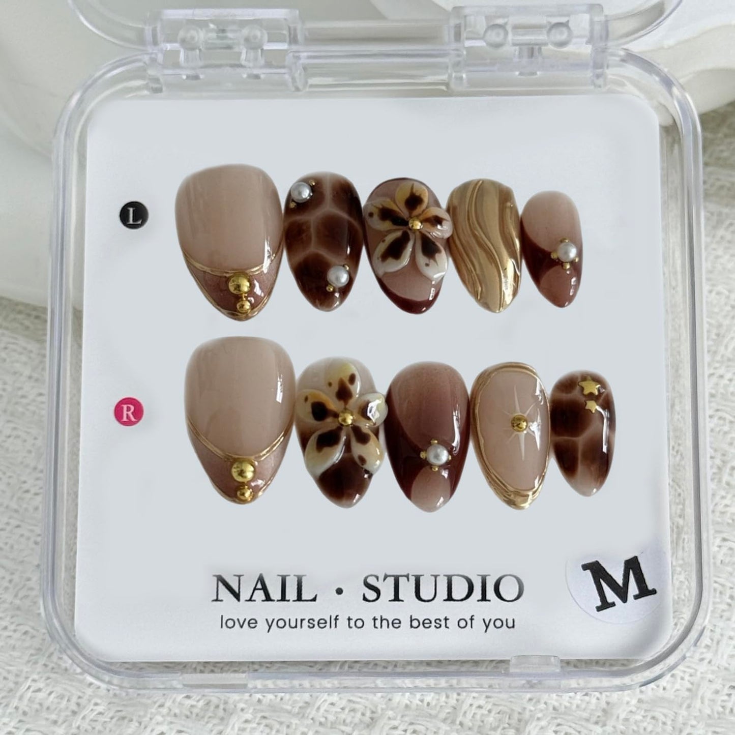 Handmade Press on Nails Almond, Brown Acrylic Nails Medium, 3D Flower and French Tip Amber Gold Chrome For Women Gift, Handmade Reusable Stick on Nails Kit With Nail Glue (Size M)