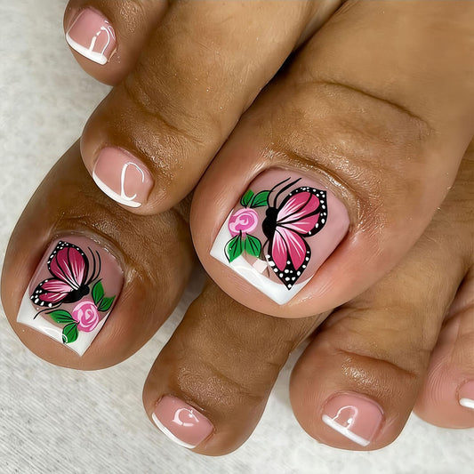 Flower Butterfly Press on Toenails Summer False Toenails White French Tip Toe Nails Reusable Full Cover Toe Nails for Women