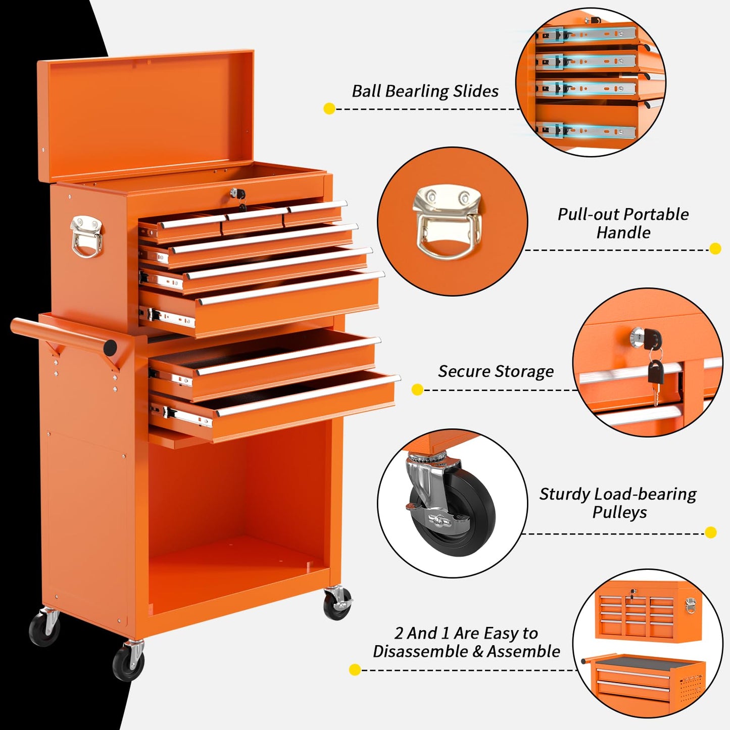 On Shine 8 Drawer Rolling Tool Chest, Large Capacity Rolling Tool Box with Wheels, Locking Mechanical Tool Chest, Portable Tool Box with Sliding Drawers,Metal Tool Box for Garage Workshop (Orange)