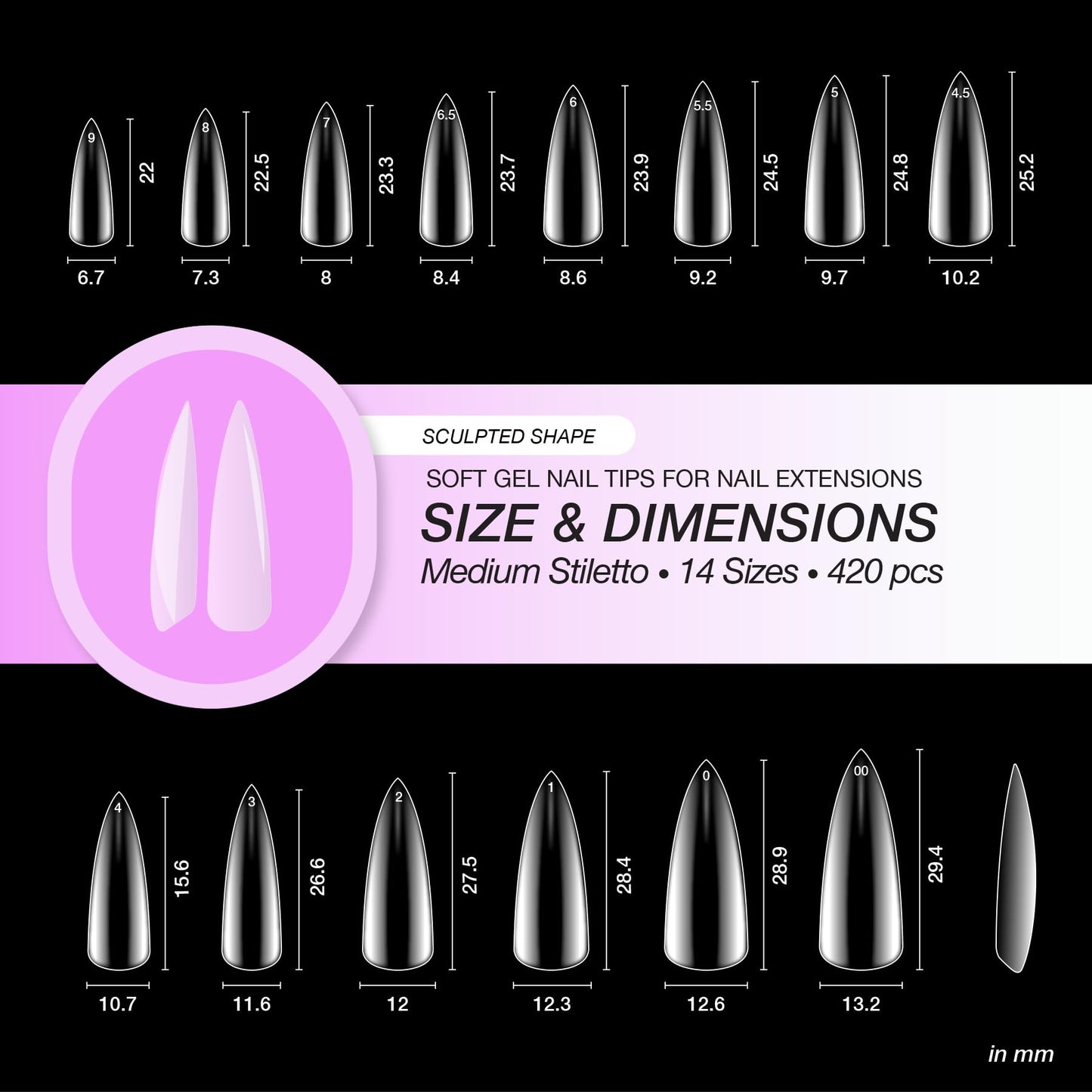 Curacoro Sculpted Medium Stiletto Gel Nail Tips 420Pcs, Clear Full Cover Soft Acrylic Tips 14 Sizes, Easy to Use, Long-Lasting, Glossy Finish