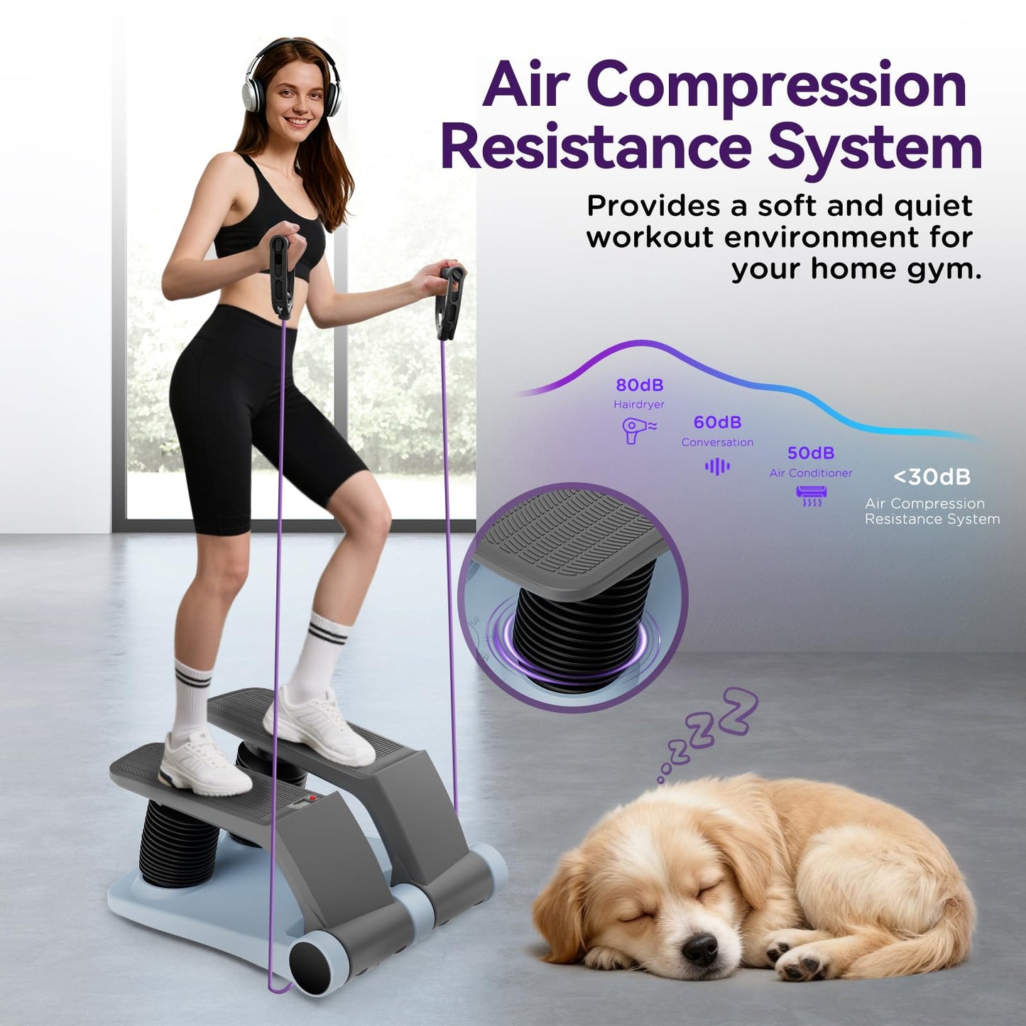 Air Stair Climber Stepper Machine with Adjustable Air Resistance & Resistance Bands, Anti-Slip Comfortable Foot Pedals, LCD Monitor for Home Cardio & Full Body Workout