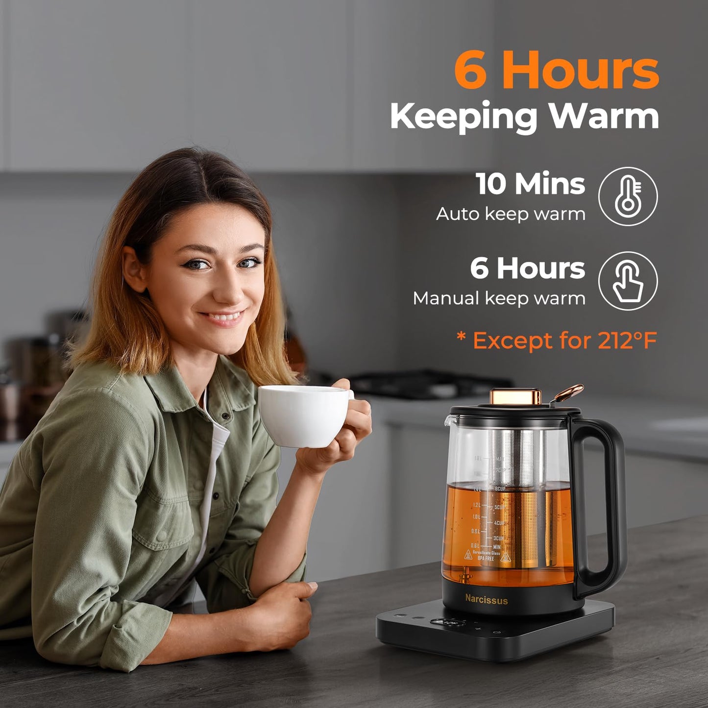 Narcissus Electric Kettle Temperature Control ±5℉, 1.8L Glass Electric Tea Kettle with Removable Infuser for Flowers & Fruit Tea, 1200W Fast Boiling, 6 Hours Keep Warming, Black