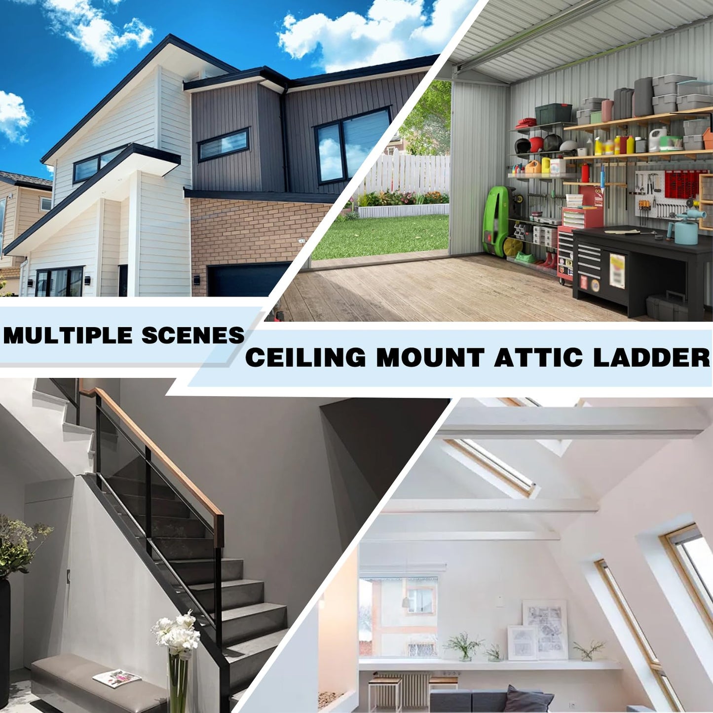 12 Steps Ceiling Mounted Attic Ladder, Retractable Pull Down System Attic Stairs, Telescopic Loft Stairs with Pull Rod, Ceiling Folding Loft Ladder with Handrail for Basement (White, Steps 12)