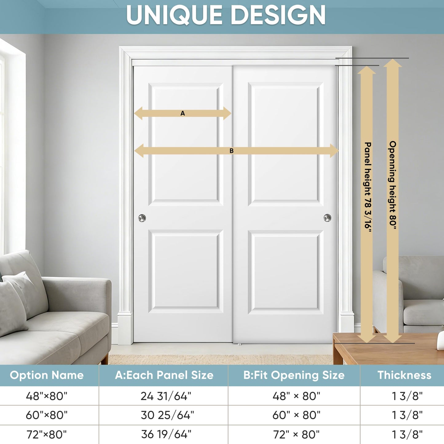JUBEST 60x80 in Sliding Closet Door, Raised 2-Panel Square Top White Primed Hollow Core Door Slab with Hardware Kits & Matching Fascia, Pre-drilled & Paintable, Space-Saving for Bedroom Laundry