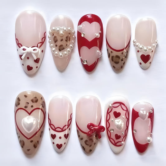 30pcs Valentine's Press On Nails Set Medium Almond Fake Nails 3D Love Bow Pearl Gems Beads Rhinestones Design Leopard Print French False Nails Y2k Handmade Holiday Nail Heart Glue on Nails for Women
