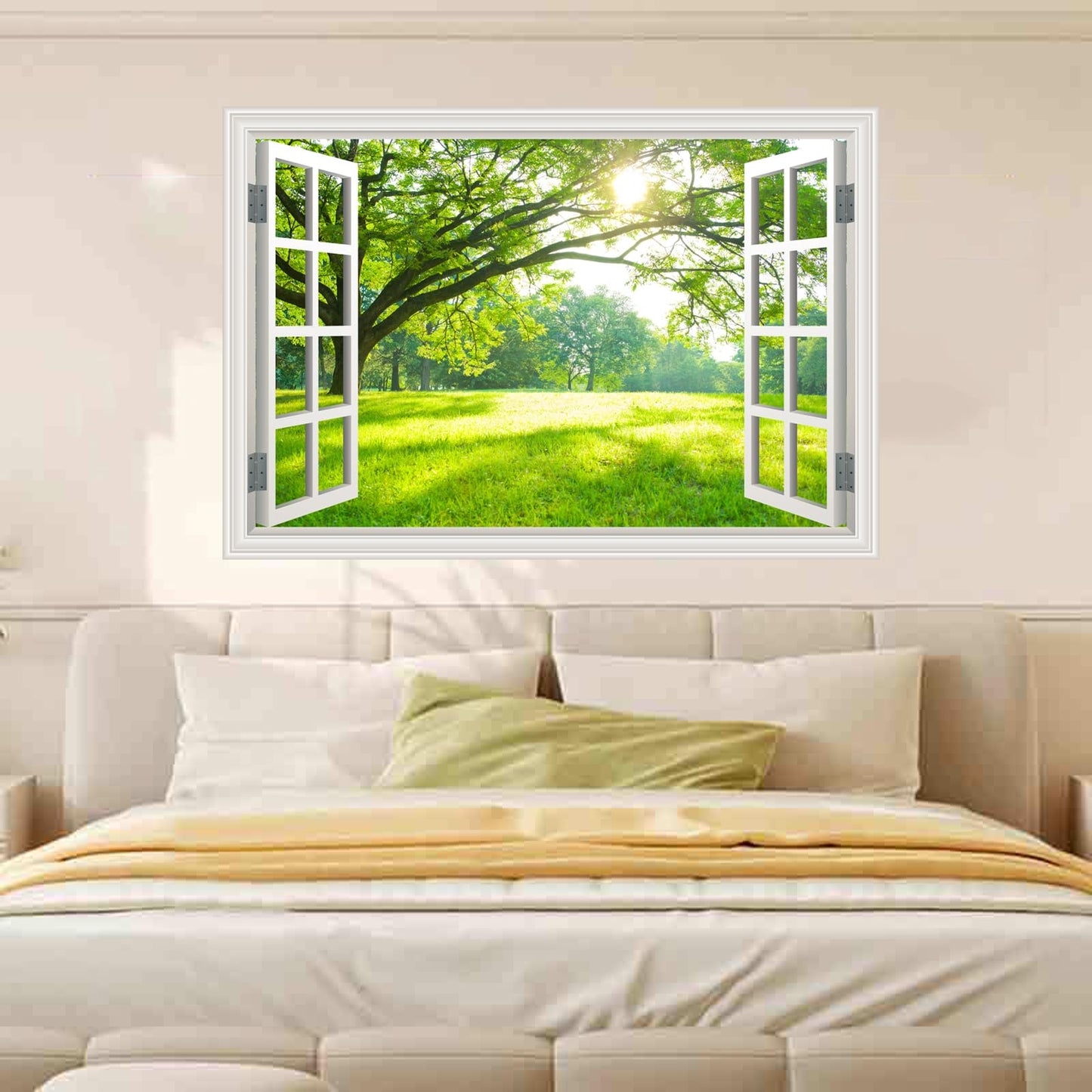 Natural Scenery Spring Green Forest Tree Scene Wall Art Poster Fake Window Wall Mural Faux Window Wall Sticker for Office Home Room Decor, Peel and Stick Wall Decals 48" x 66" Set of 4 Sheets