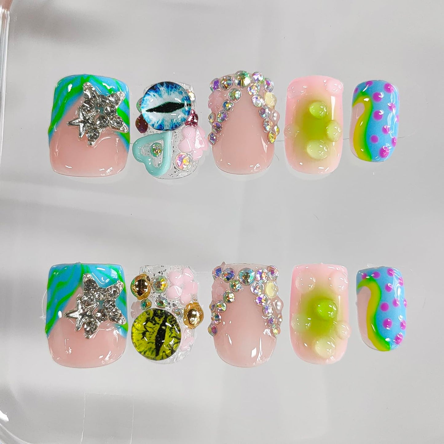 Handmade Press on Nails Short Square 3D French Tip Thick Acrylic Fake Nails Y2K False Nails with Polka Dots Eyes Charms Rhinestones Stars Water Drop Designs Sturdy Nail Art Press on Nails 10Pcs(S)