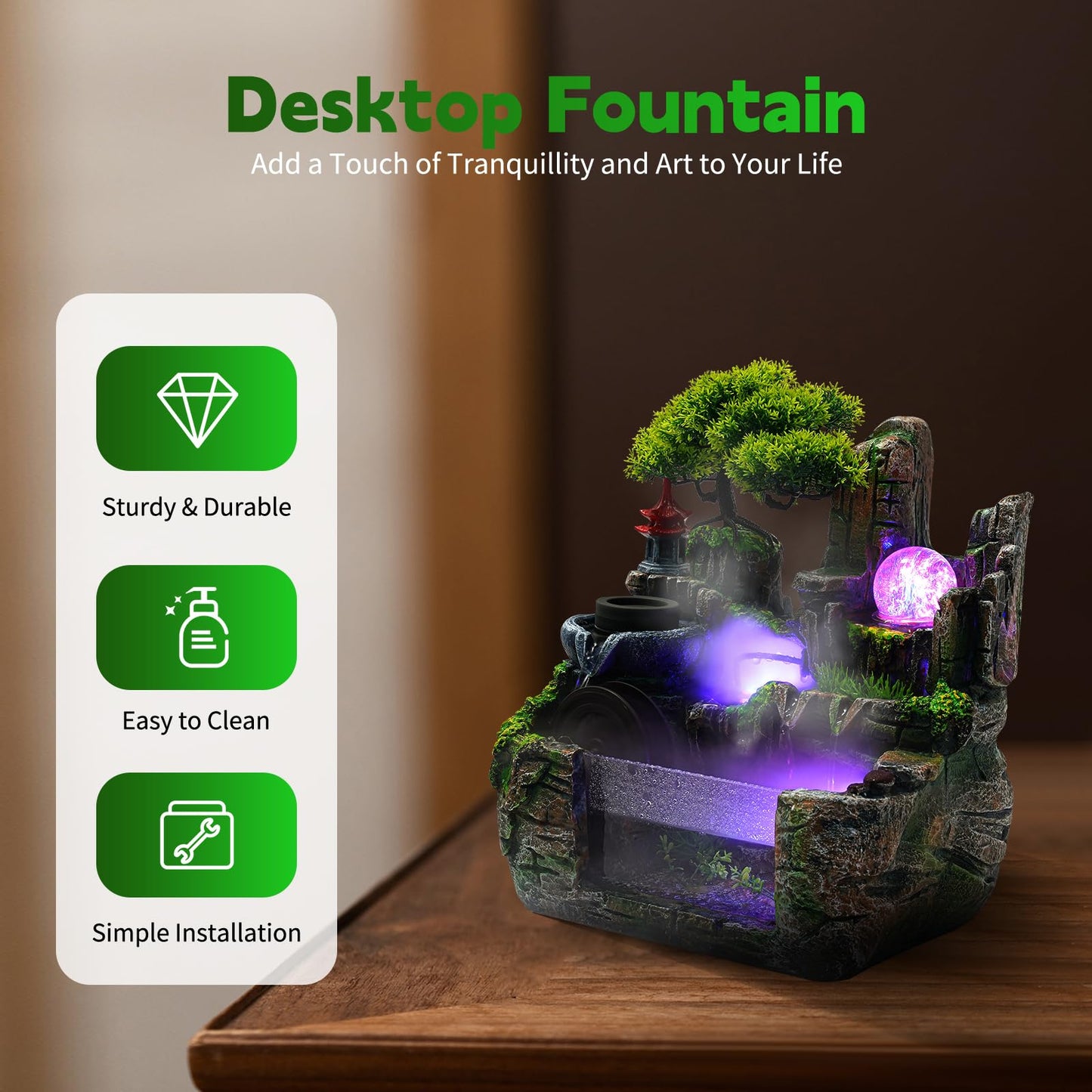 Gdrasuya10 Waterfountain Indoors Rockery Fountain Goldfish Waterfall Desktop Decorat Tabletop Rockery Fountain Waterfall Bonsai for Home Office Atomizing Humidifier