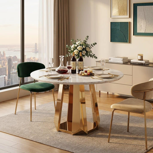 Glyph Form Round Faux Marble 47" Dining Table for 4-6, Luxury Gold Kitchen Table with Stainless Steel Base, Easy to Clean & Heavy Duty Modern Dining Room Table for Home Office, White, MDF(Table Only)