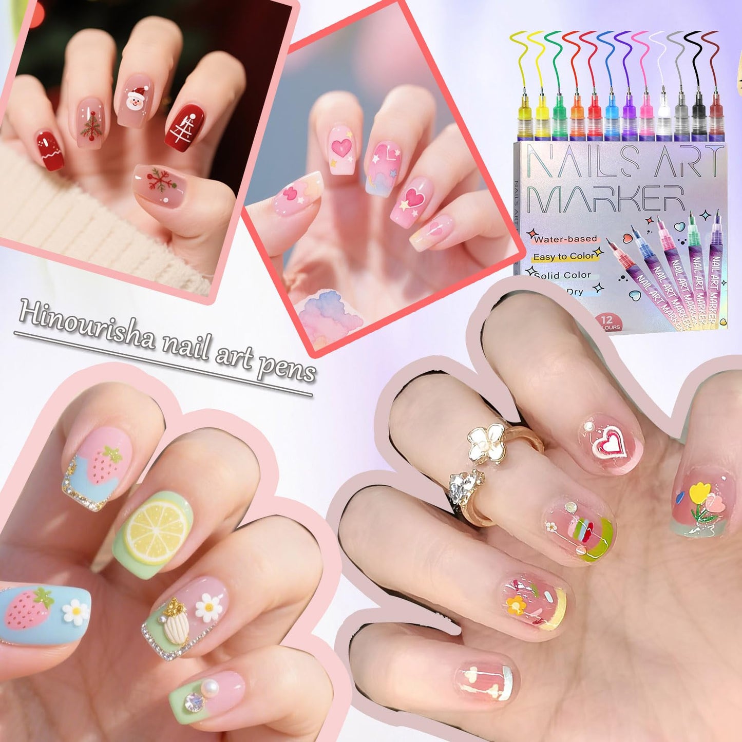 Hinourisha12pcs 3D Nail Art Pens Set, Nail Art Markers, Acrylic Nail Paint Pens Kit, Nail Polish Pen Quick-drying Waterproof for Paint Point Line Art Manicure Tools for Girls Gift