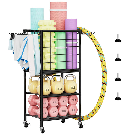 NORCEESAN Home Gym Storage Exercise Equipment Organizer for Home Dumbbell Weight Rack for Yoga Mat Black Workout Equipment Storage Organizer with Hooks Yoga Mat Holder with Wheels for Yoga Block