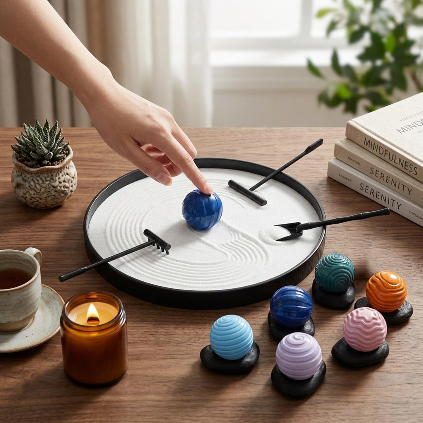 Wowagoga Desk Zen Garden Kit with 6 Textured Sensory Balls, Sand & Tools, Mini Meditation Set for Stress Relief and Desktop Decor