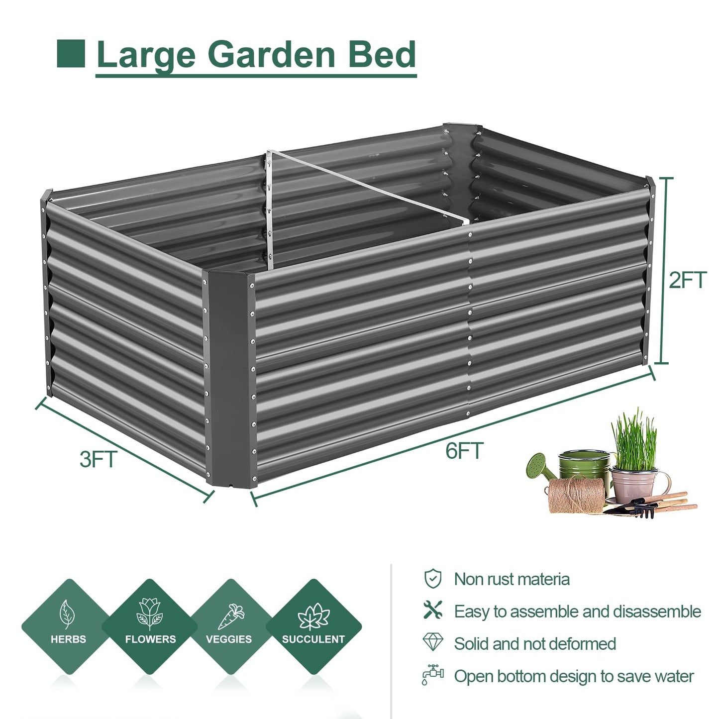 Land Guard 2 Pack 6×3×2 ft Galvanized Metal Raised Garden Bed, 2FT Deep Root Elevated Planter Box Steel Large Vegetable Flower Bed Kit, Gray