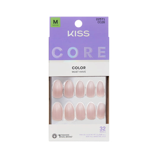 Kiss Core, Press On Nails, Nail glue included, 'Dulcet', Pink, Medium Size, Almond Shape, Includes 32 Nails, 2g Glue, 1 Manicure Stick, 1 Mini File