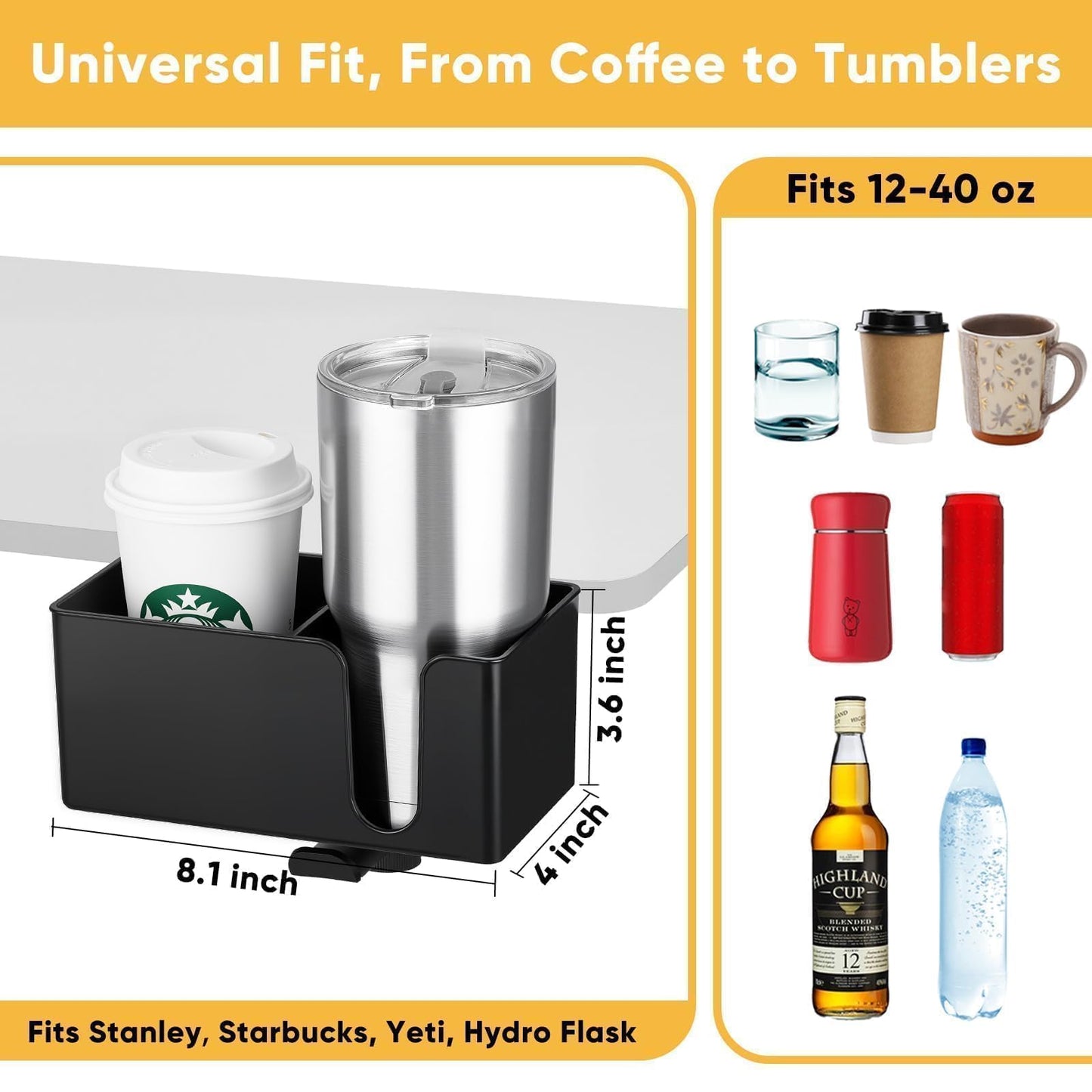 4-in-1 Clip On Desk Cup Holder, Fits up to 40oz cups - Mountable Holder with Adjustable Divider & 360° Rotating Hook - No Spill Clamp On Drink Holder Attachment - for Desk Chair Table Bed Tray - Black